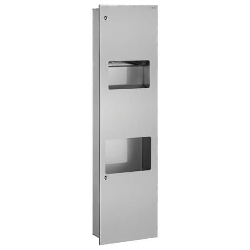 DELABIE Recessed Combi hand dryer and paper towel dispenser/bin, Polished satin bacteriostatic 304 stainless steel, With locking door and standard DELABIE key, Concealed fixings, Dispenser capacity: 400 - 600 towels, Hand dryer power: 1,800W, Waste bin capacity: 15 litres, Stainless steel 1.2mm thick